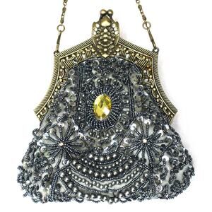 New Victorian Art Deco Style Grey Beaded Sequined Evening Bag